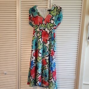 Maggy London Blue and Red Ruffled Empire Waist Midi Dress
